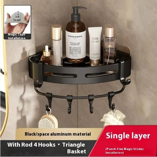 Gun grey metal triangle corner shelf mounted on a bathroom wall for shower storage.