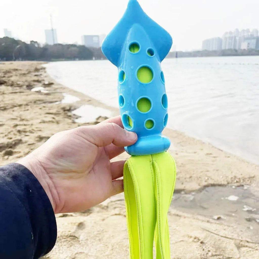Blue cuttlefish-shaped squeaky chew toy for dogs measuring approximately 39 centimetres