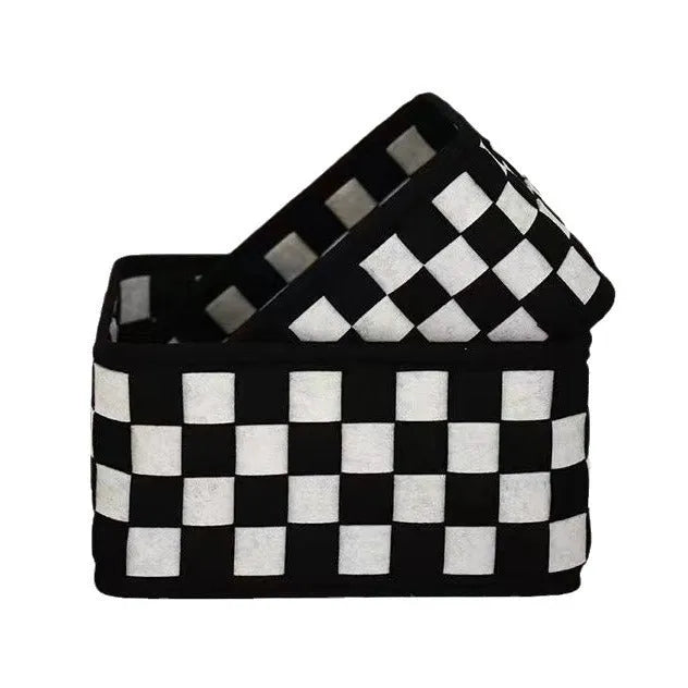 Checkerboard patterned woven felt folding storage basket with handle, showing dimensions 37cm by 29cm by 19.5cm.