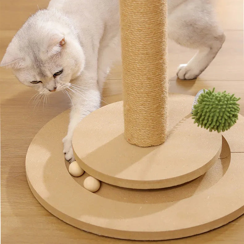 Vertical cat climbing frame with hemp rope posts and a canna-coloured chamfered grab column.