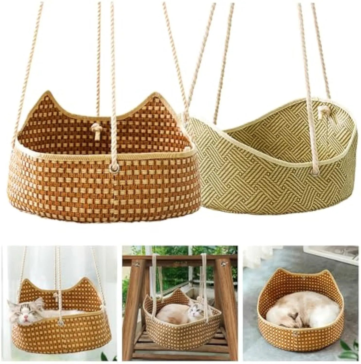 Green rattan cat hammock with metal hooks hanging on a white cage.