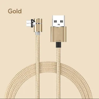 Black L-shaped magnetic USB cable with interchangeable Micro USB, Type-C and Lightning connector heads.