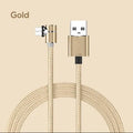 Black L-shaped magnetic USB cable with interchangeable Micro USB, Type-C and Lightning connector heads.
