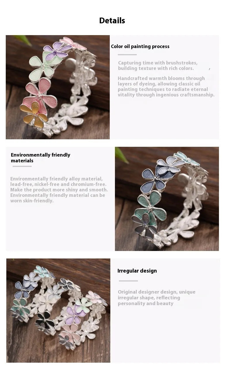Zinc alloy flower elastic bracelet for women in blue, black/grey, or colourful floral designs