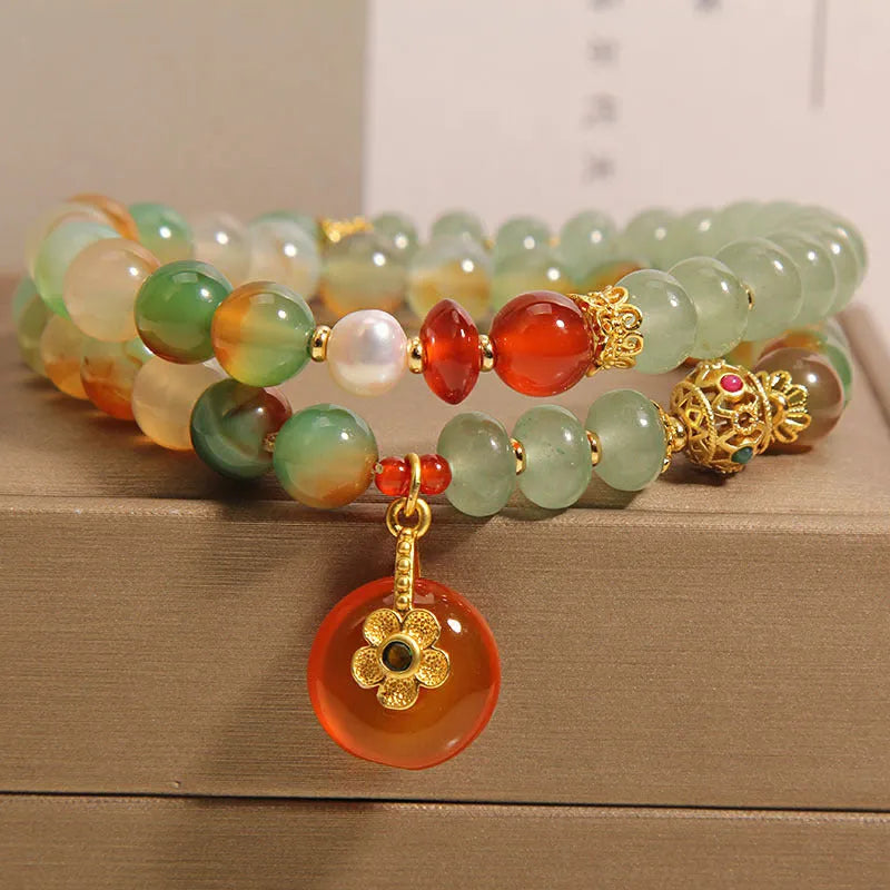 Peacock green agate double ring bracelet with safety buckle clasp and rhinestone decorative elements