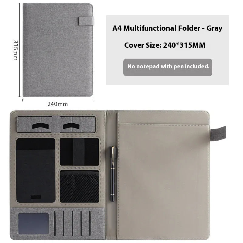 Black leather A4 multifunction folder for documents with optional pen and notepad.