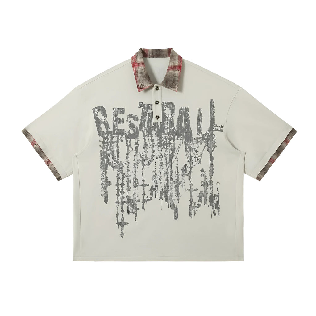 Men's loose blue cotton short-sleeved top with asymmetric lapel and graffiti print detail.