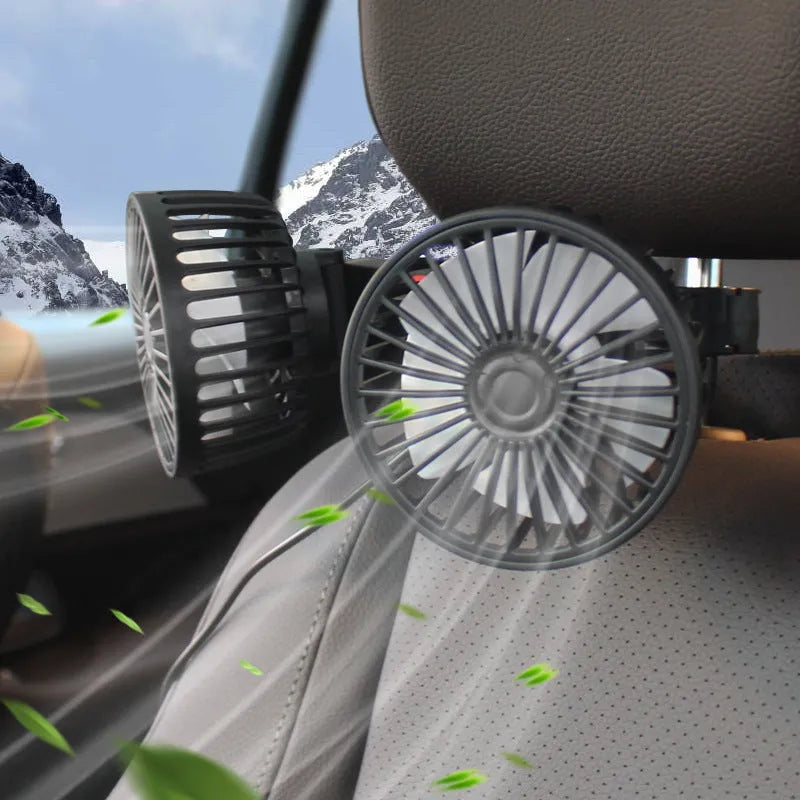 Black car USB rear pillow single head fan with adjustable direction for vehicle rear seat cooling