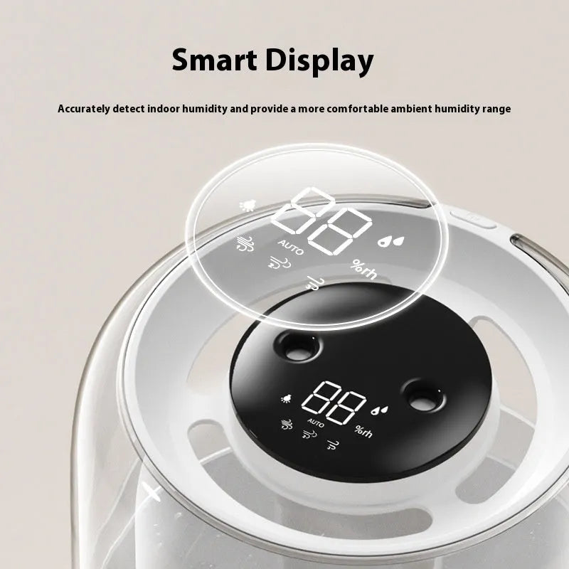 Round beige humidifier with USB port, dual spray nozzles, humidity display, and night light