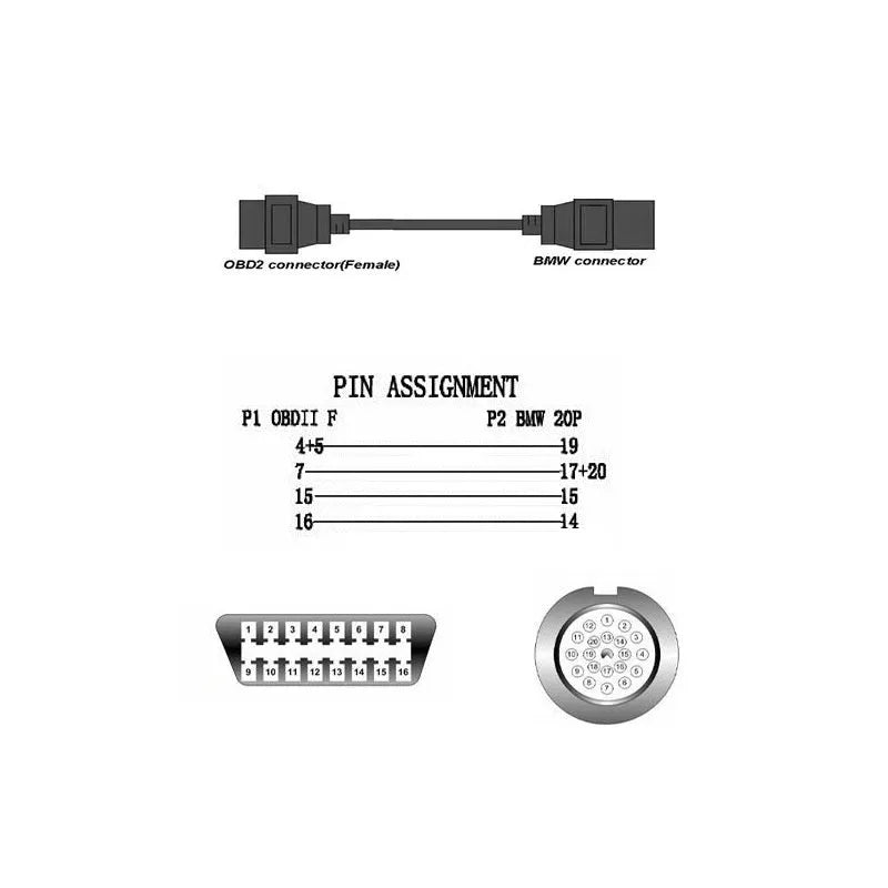 BMW 20-pin to OBD2 16-pin diagnostic adapter cable connector on a white background