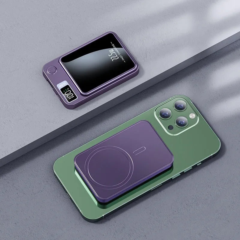 Wireless power bank with MagSafe compatibility in black, white, purple, and green colour options showing compact plastic design