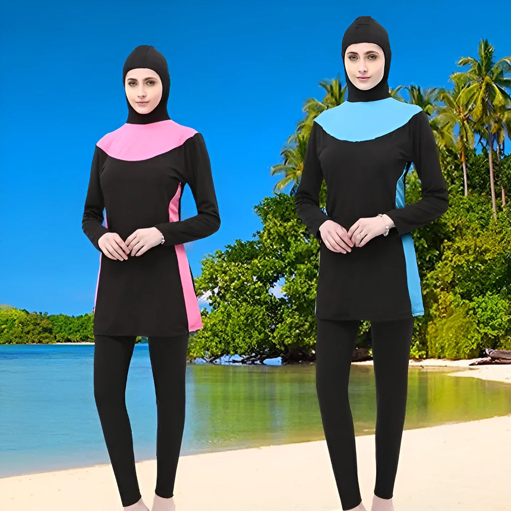 Black long sleeve hooded women's swimsuit top and trousers set for swimming.