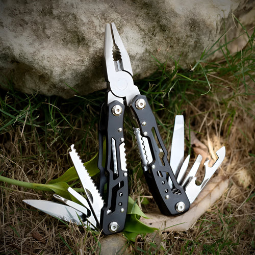 All steel 14-in-1 multi-function folding pliers with locking blade and screwdrivers, black finish