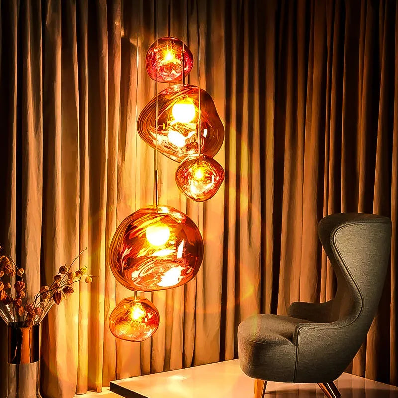 Irregular glass Nordic lava lamp chandelier in gold, red copper or silver finish