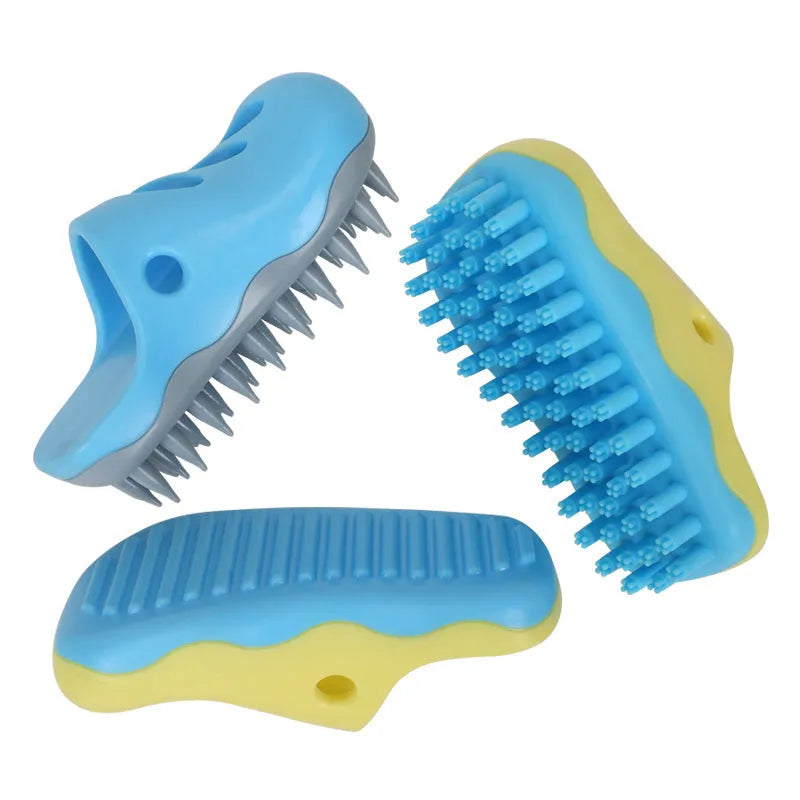 Blue and yellow TPR dog bath massage cleaning brushes showing pointed toe, quincuncial head, and horizontal pattern designs.