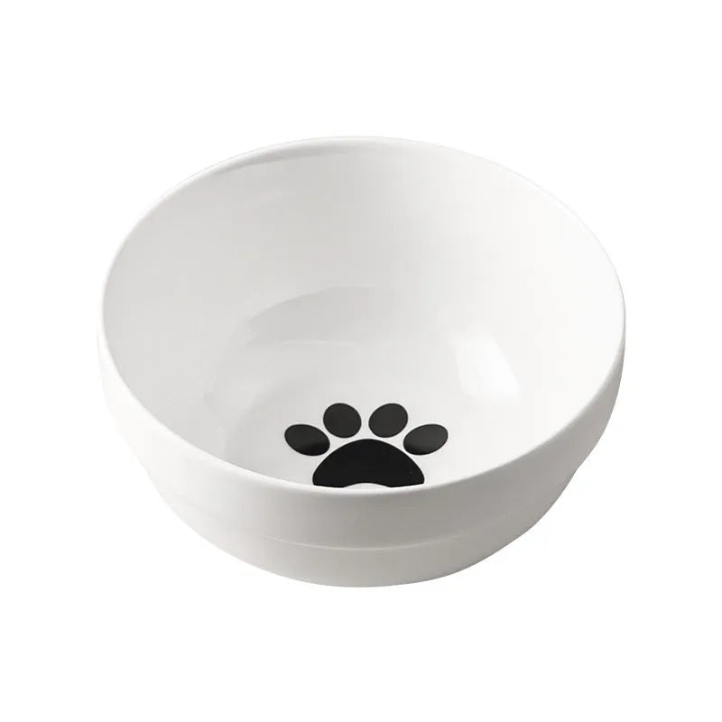 White ceramic cat bowl with cat paw pattern and black iron frame with cat ears