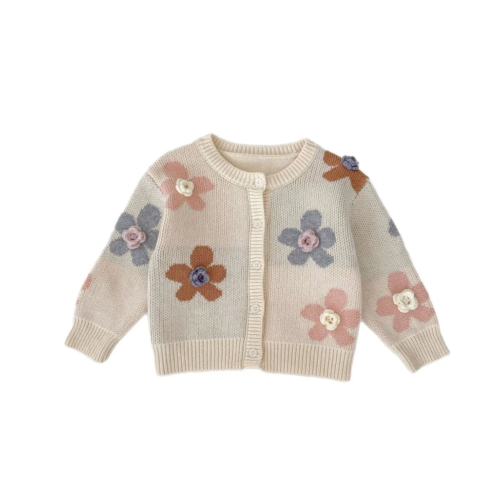 Hand crocheted flower jacquard round neck cardigan knitted coat for babies in milky white cotton fabric