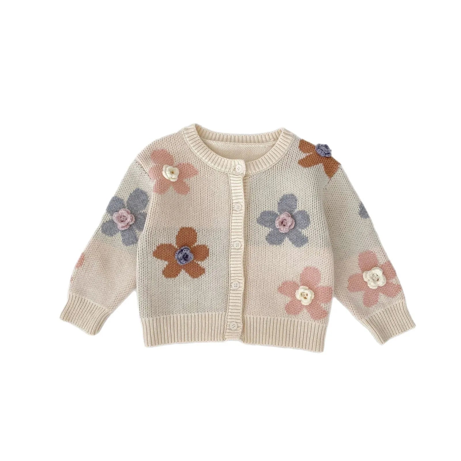 Hand crocheted flower jacquard round neck cardigan knitted coat for babies in milky white cotton fabric