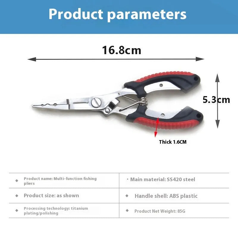 PE39 stainless steel multifunctional fishing pliers with straight mouth, hook, and blue plastic handles.