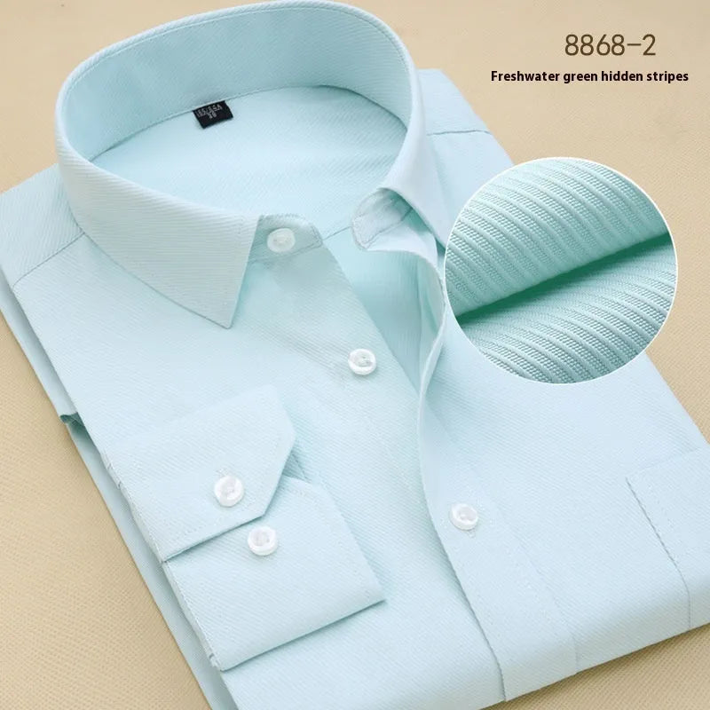 Men's black long-sleeve business slim-fit cotton shirt on a hanger