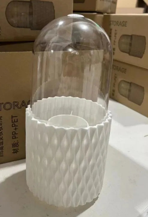 Transparent acrylic makeup brush storage box with rotating base and white brush tubes