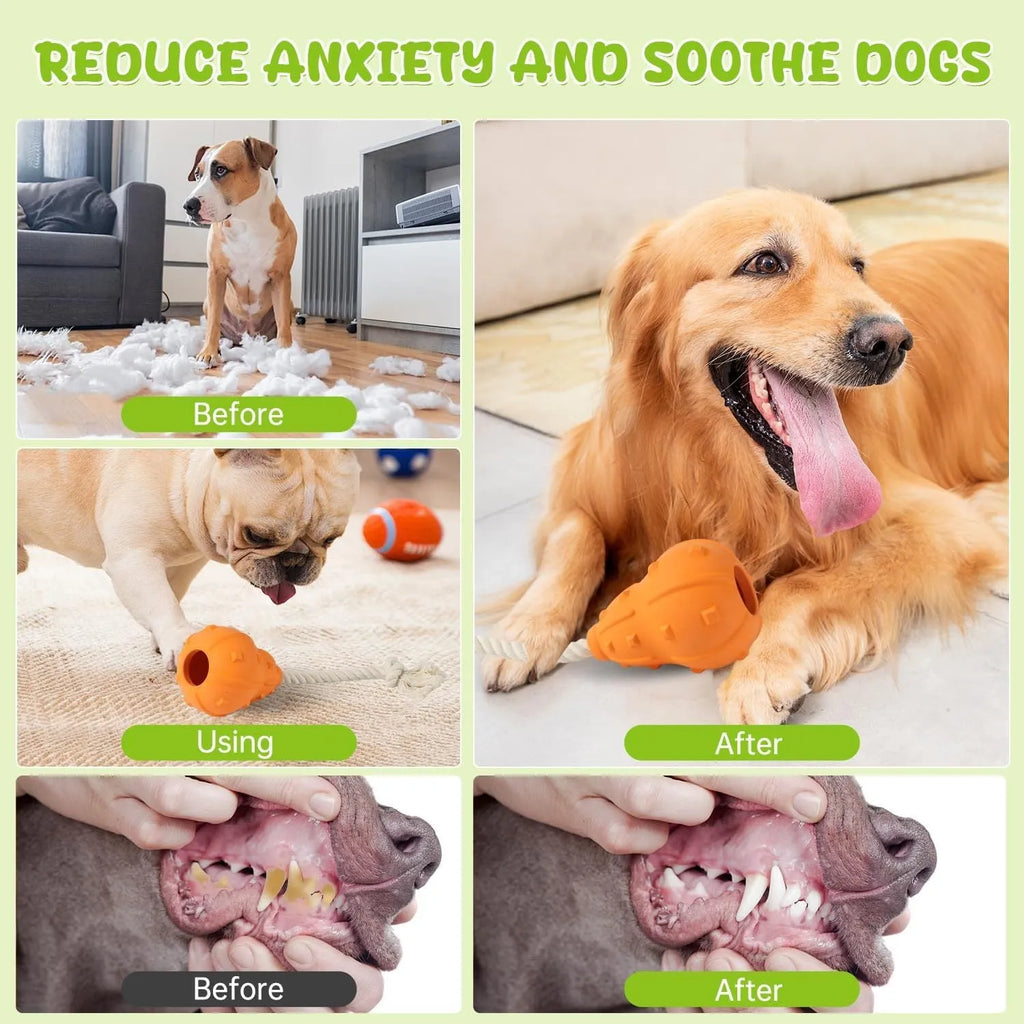 Natural rubber stuffable dog toy with a long strap for fetch and interactive chewing games.