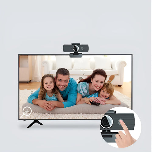 Black USB computer webcam with magnetic privacy cover, 8MP resolution, for video conferences