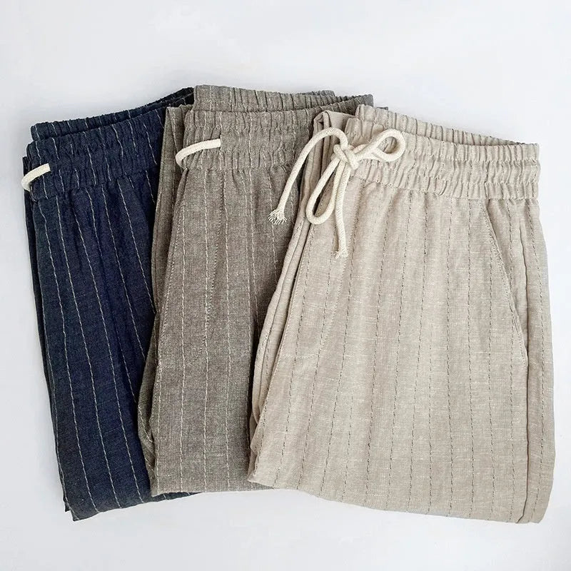 Men's striped cotton linen cropped summer casual pants in multiple colour variations