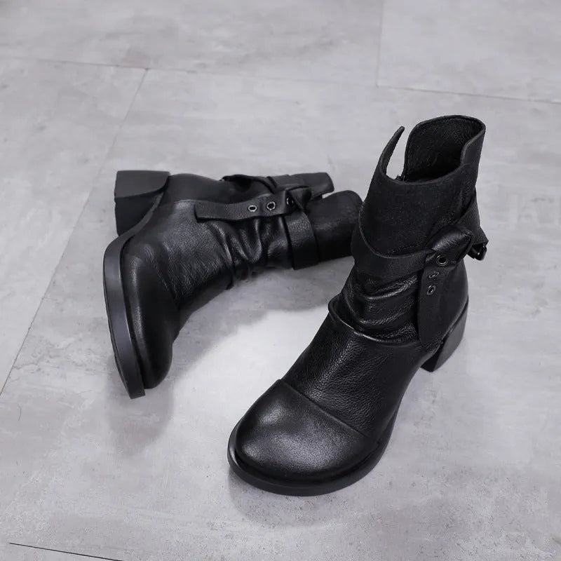 Women's brown retro chunky heel ankle boots with round toe and genuine leather upper.