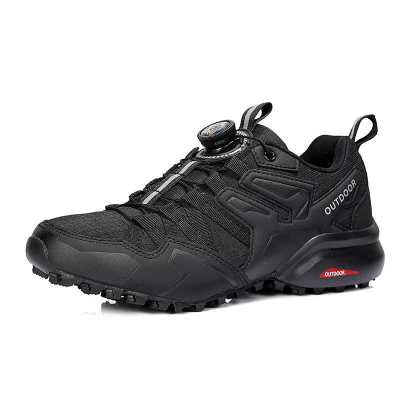 Men's beige lightweight hiking shoes with an elastic band closure and rubber sole.