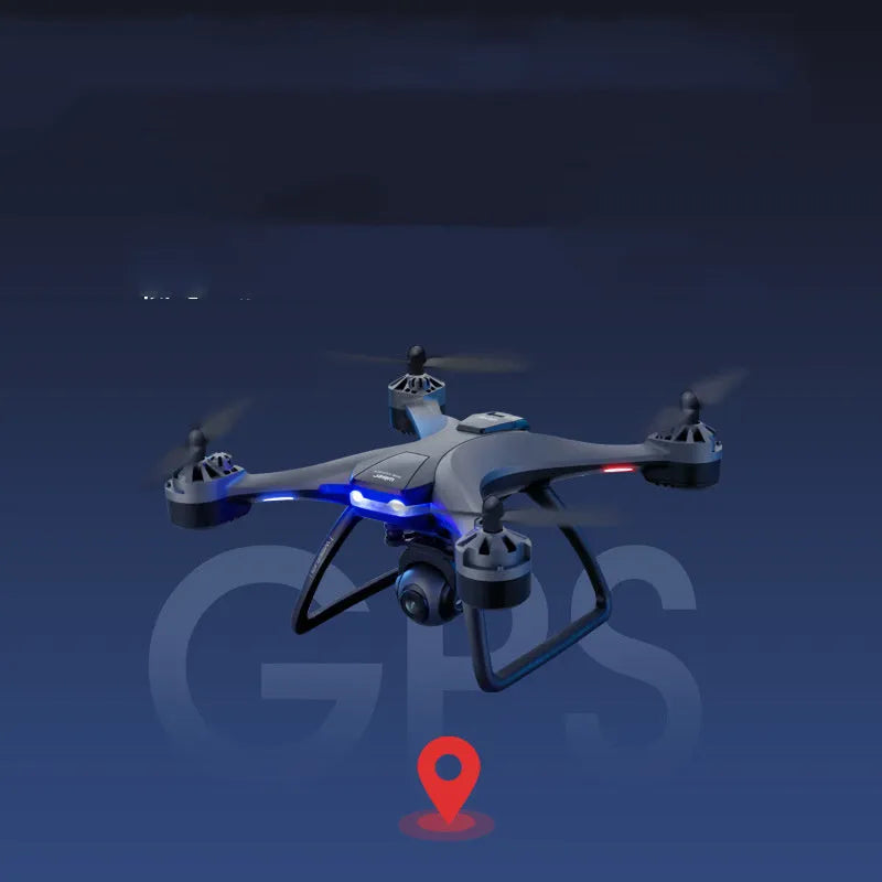 Black plastic quadrocopter drone with four propellers, a camera on front, and a remote control handle.