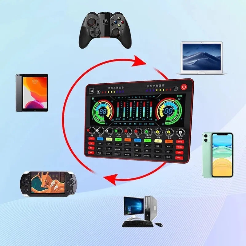 G4 professional singing sound card set with LCD display, microphone, and remote control on a desk.
