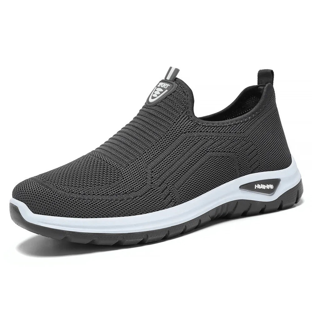 Men's black and grey breathable casual shoes with mesh lining and round toe