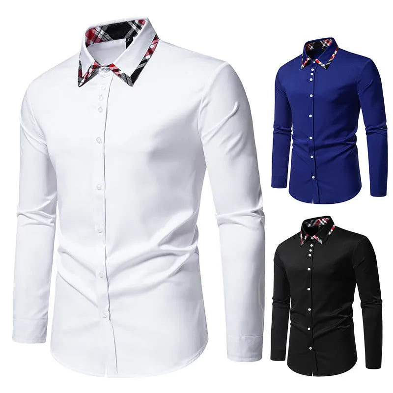 Men's blue plaid contrast long sleeve shirt with a triangle collar on a hanger.