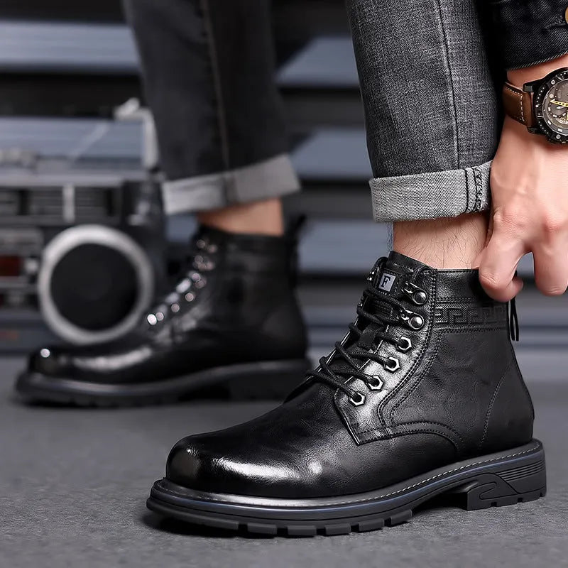 Men's black Martin leather ankle boots with square heel and high shaft on rubber sole