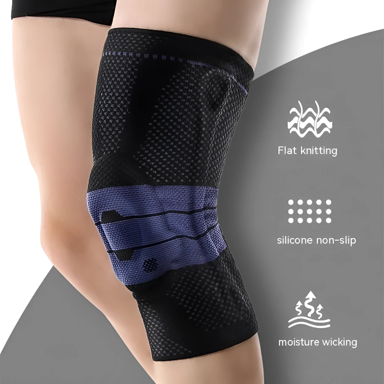 Adult sports knee pads in black and blue, made from nylon and spandex for basketball and running.
