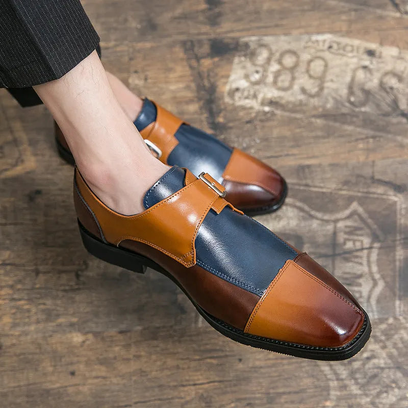Men's brown blue retro casual leather shoes with buckle detail and tall crown height