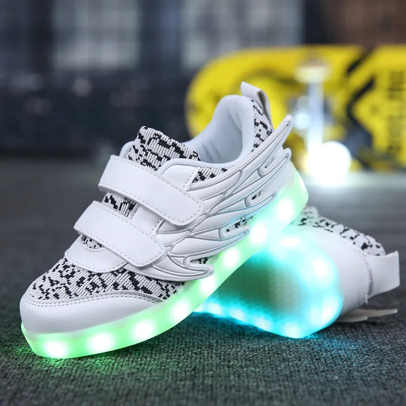 Children's plum red and white LED light-up sneakers with USB charging port and colourful luminous soles