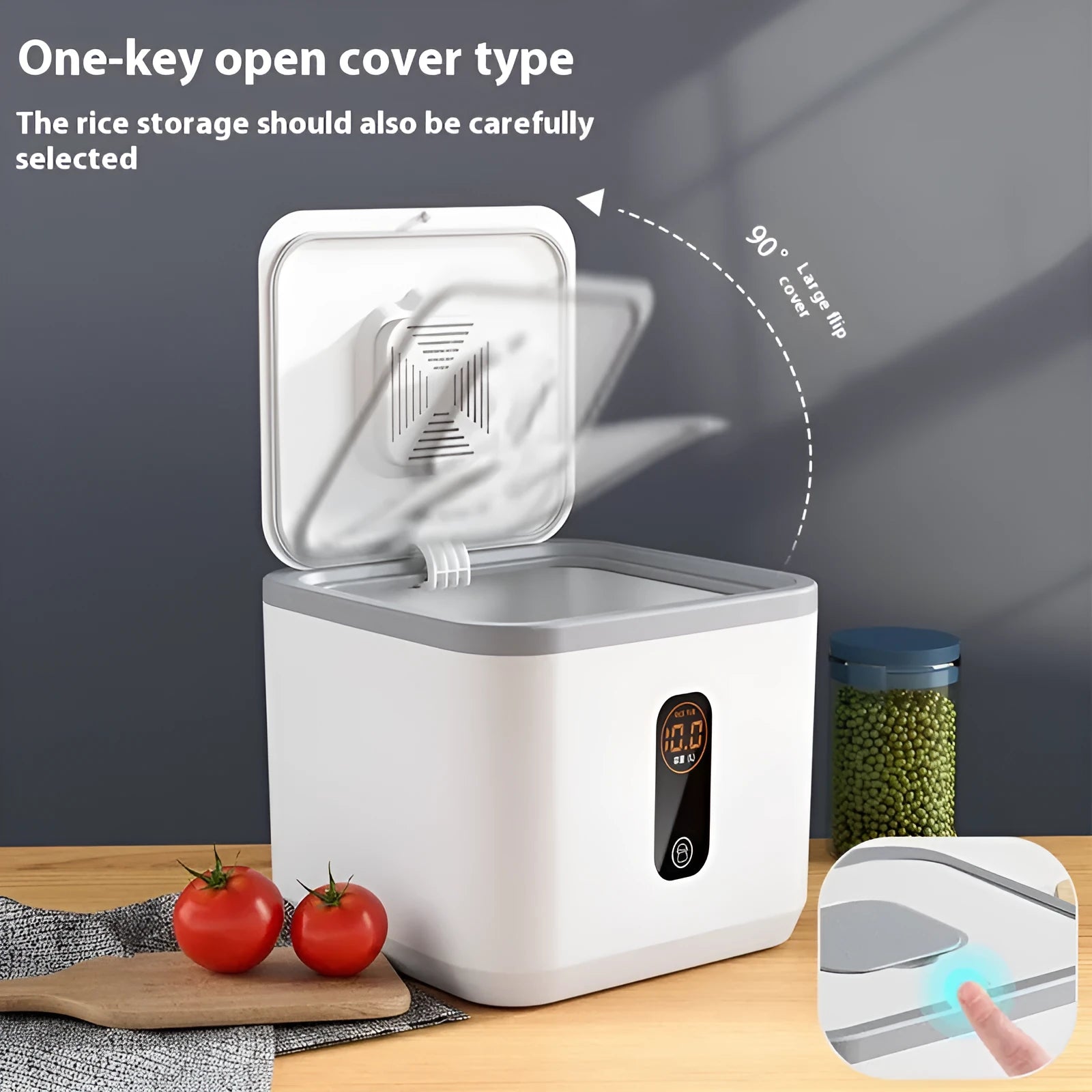 Grey plastic insect-proof moisture-proof rice storage jar with measuring cup in 10kg, 20kg, 30kg sizes.
