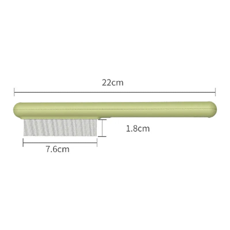 Green and white stainless steel cat comb with rounded teeth for grooming and flea removal