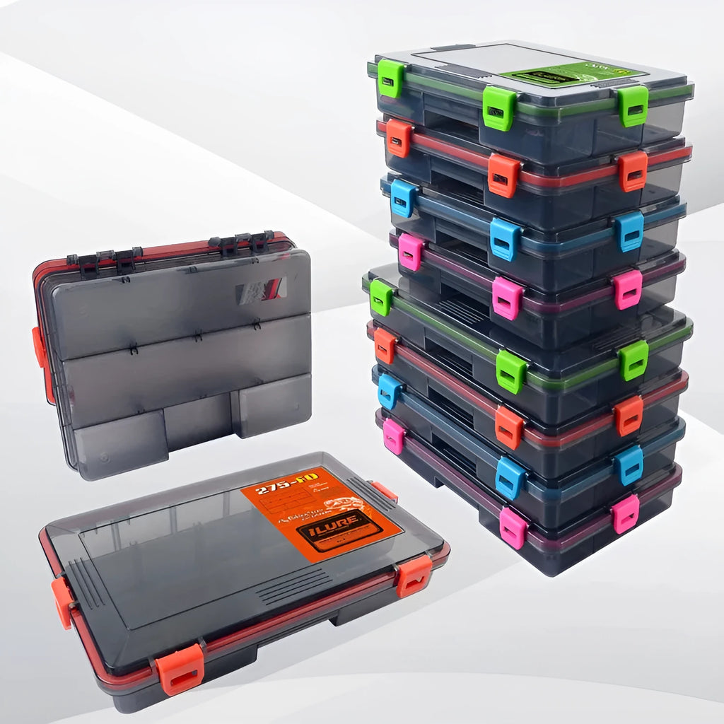 Transparent orange waterproof PP plastic fishing lure storage box with lures inside