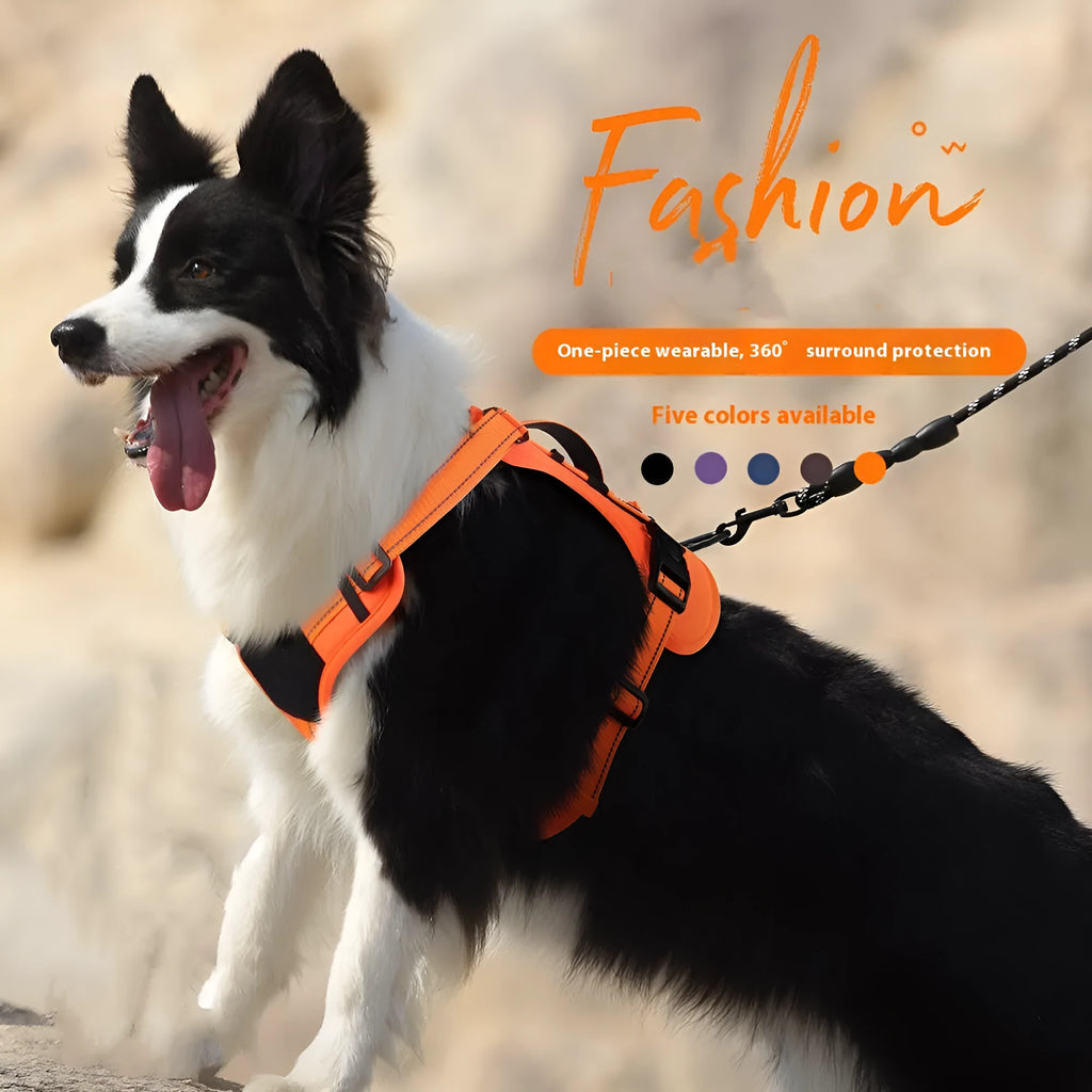Explosion-proof dog harness with hand-holding rope in multiple colour options including black, brown, and navy blue