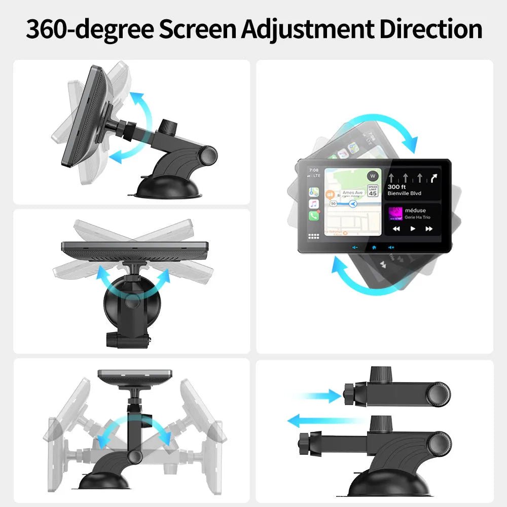 7 inch car wireless CarPlay display with astern camera on a dashboard suction cup mount.