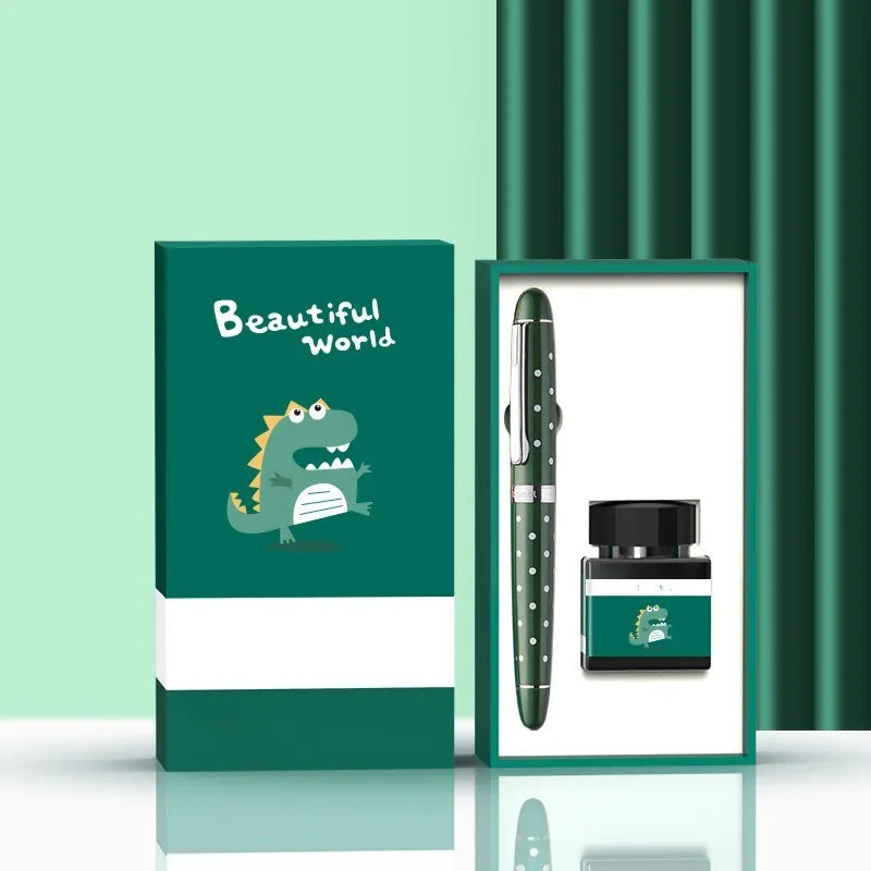 Calligraphy pen with replaceable ink sac, metal case, and choice of seven designs including avocado and bear patterns