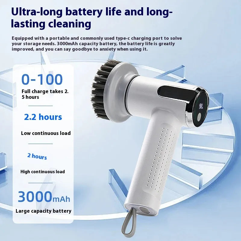 White wireless electric cleaning brush with replaceable heads and smart display for kitchen and bathroom use