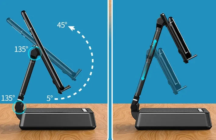 Black Bluetooth speaker phone stand with microphone for live streaming, showing phone holder and charging port