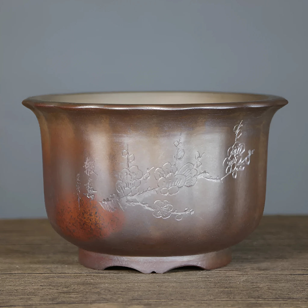 Antique carved purple sand clay ceramic flowerpot for indoor bonsai displays