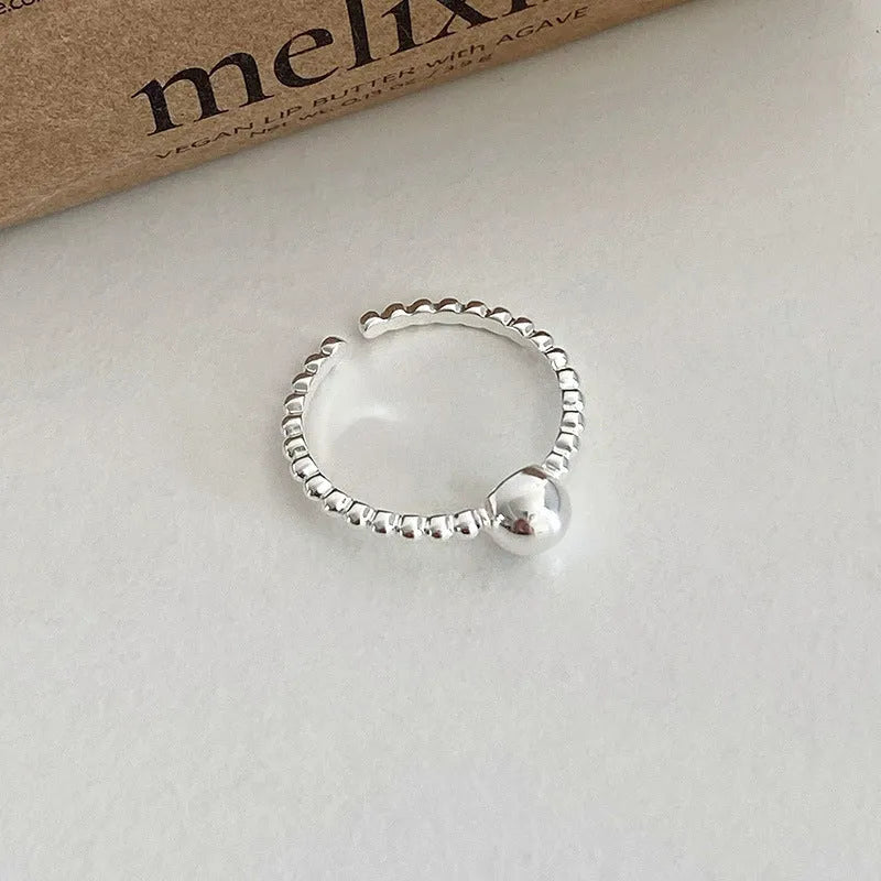 S999 pure silver round bead bean ring silver adjustable women's geometric ring polished finish
