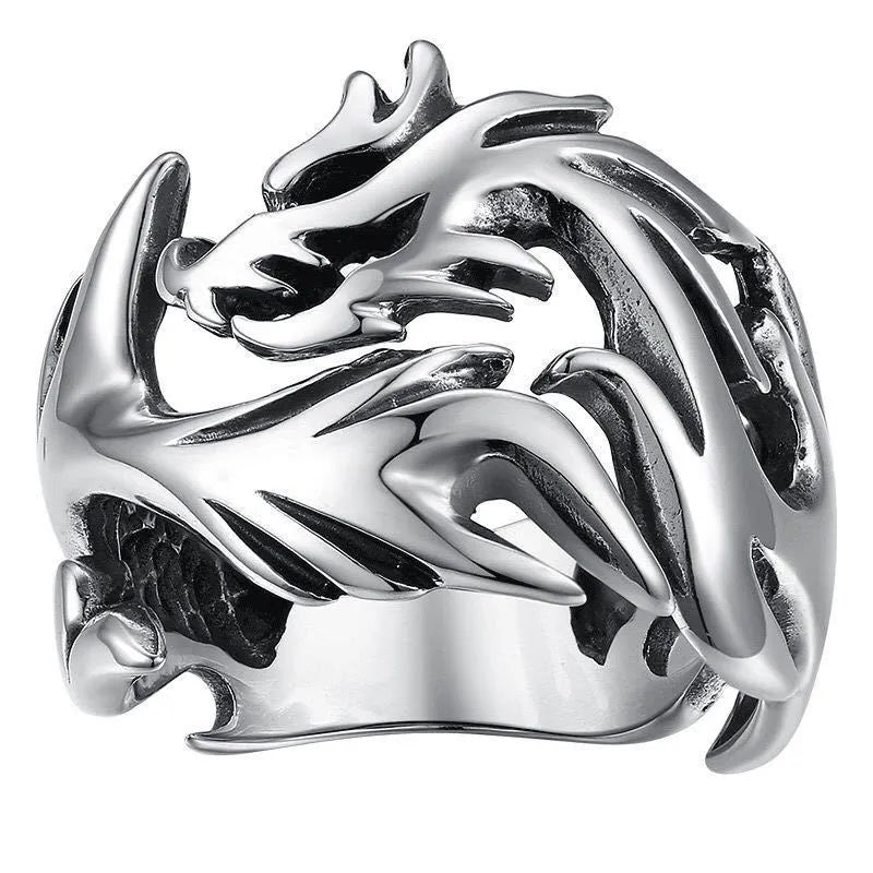 Chinese dragon pattern ring with adjustable opening in antique silver blue and green finish