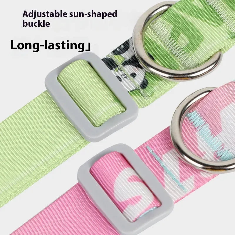 Adjustable nylon dog collar with a colourful cartoon gradient print, shown with a buckle.